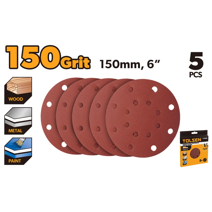 Tolsen 5 db-os orbitális csiszolókorong készlet, 150 mm (6"), P150 szemcseméret, tartós, újrafelhasználható szálas hátlap, agresszív fém, fa és festék csiszolás, gyors anyageltávolítás, TOLSEN 79567-hez, professzionális és műhelyhasználat