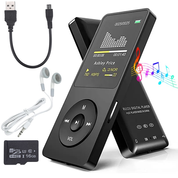 Juksun Player MP3 Bluetooth 5.0, 16GB, разширяем до 128GB, TFT екран 1.8 инча, Вграден високоговорител, Възпроизвеждане в цикъл/последователно/разбъркано, Лесно управление, показване на текстове, FM радио, За спорт, пътувания, Черен