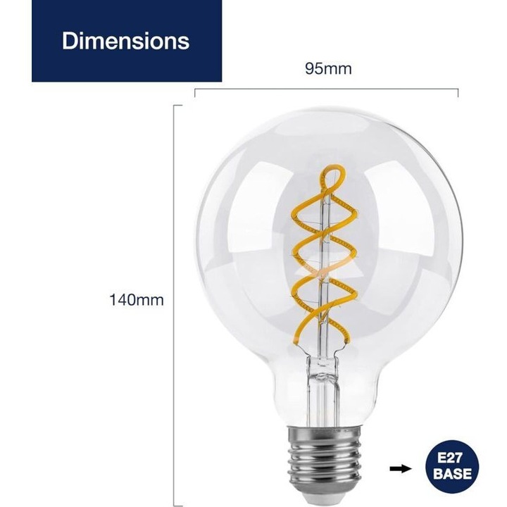 LED крушка E27 G95 винтидж спирала 4W 2700K топло бяла, комплект 3 бр
