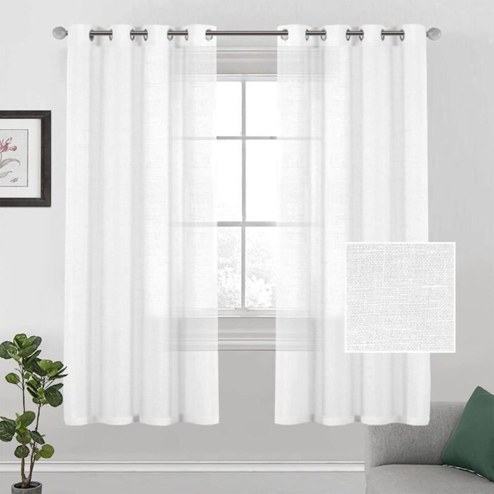 2 darabos szett, lenvászon függöny/draperia gyűrűkkel, félig átlátszó, légáteresztő, fehér, 2 x 132 x 160 cm
