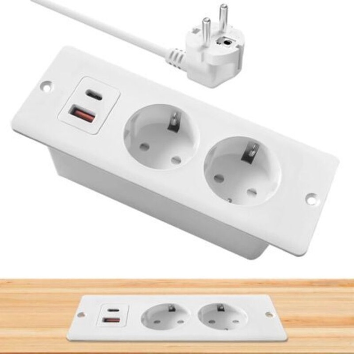 Вграден контакт с USB PD20W, 2 контакта, бял, 13x5.3x4.3cm