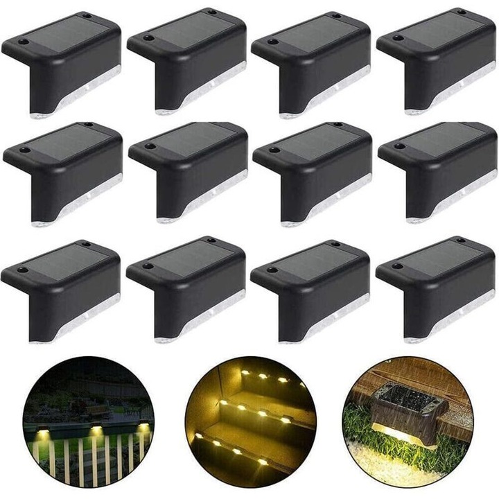Set 12 lumini solare pentru gard si trepte, alb cald si negru, IP65, 12x5cm