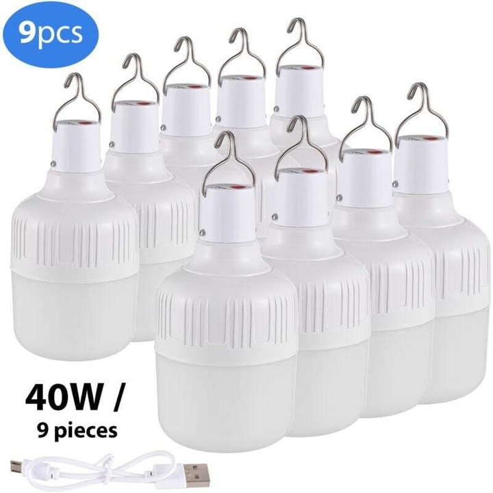 Презареждаема LED крушка 40W, комплект 9 броя, 5 нива на яркост, бяла, 6.6x6.6x12.3см