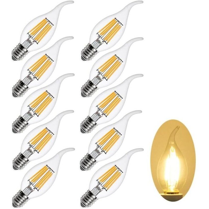 Комплект 10 LED крушки с нажежаема жичка E14 6W топло бяло 2700K 600LM C35 винтидж 220-240V димируеми