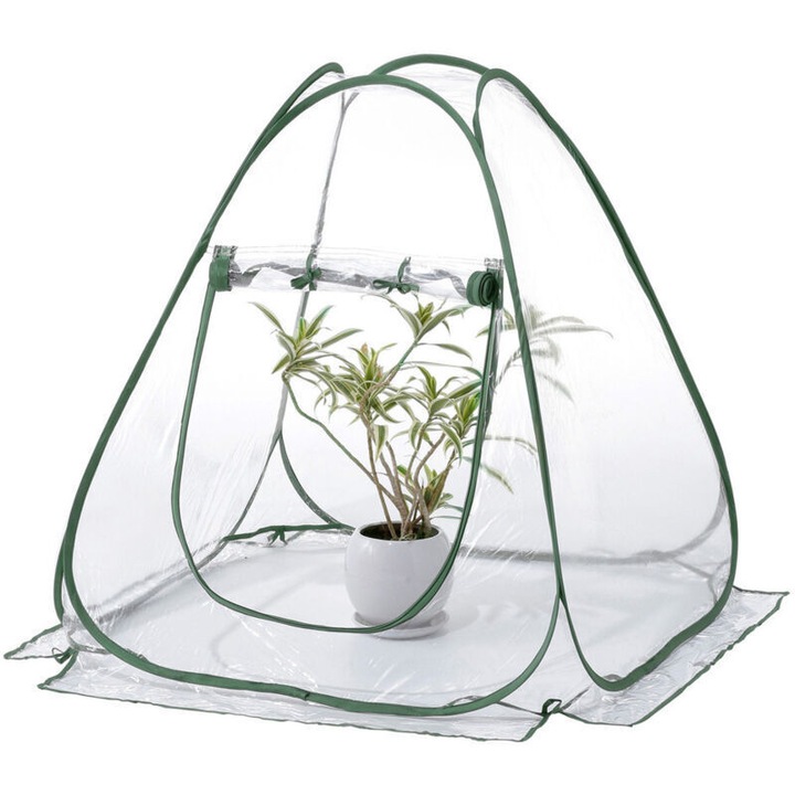 Hordozható pop-up üvegház 70x70x80 cm, átlátszó PVC, növényvédelem, talajkés