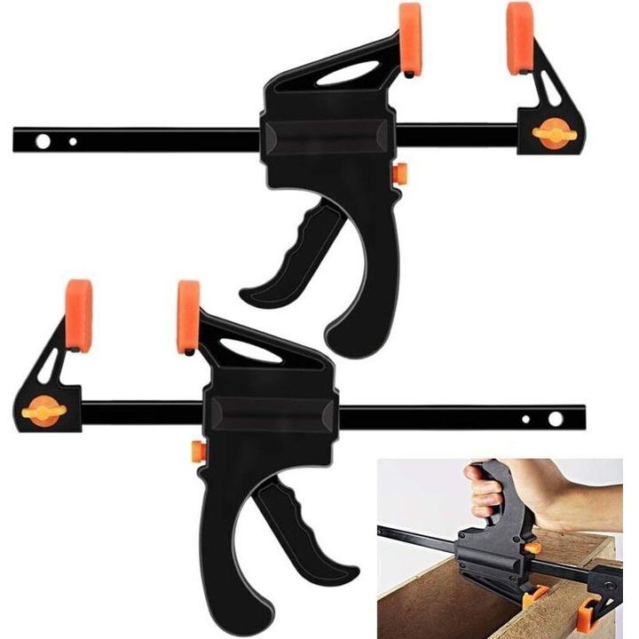 2 db F-szorító készlet, 15 cm, fekete, ergonomikus, acél, PP