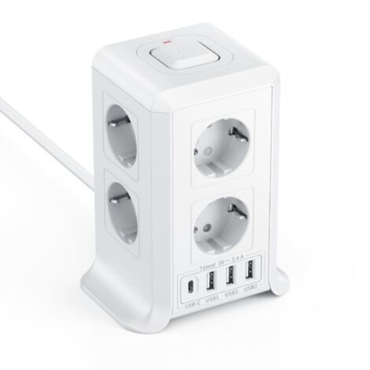 Разклонител 12 в 1, 8 контакта, 4 USB, бял, 2м