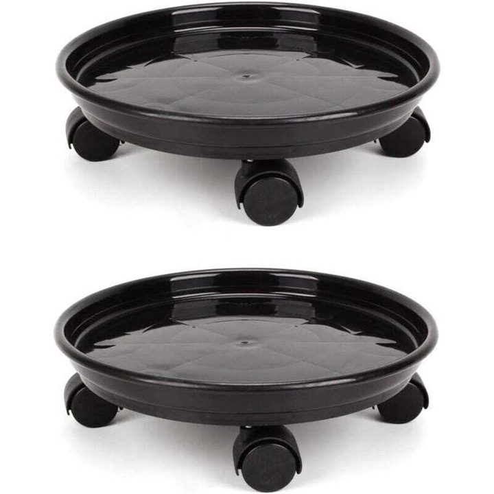 Set 2 suporturi rotunde pentru plante, negru, 33x3.5cm, cu roti universale