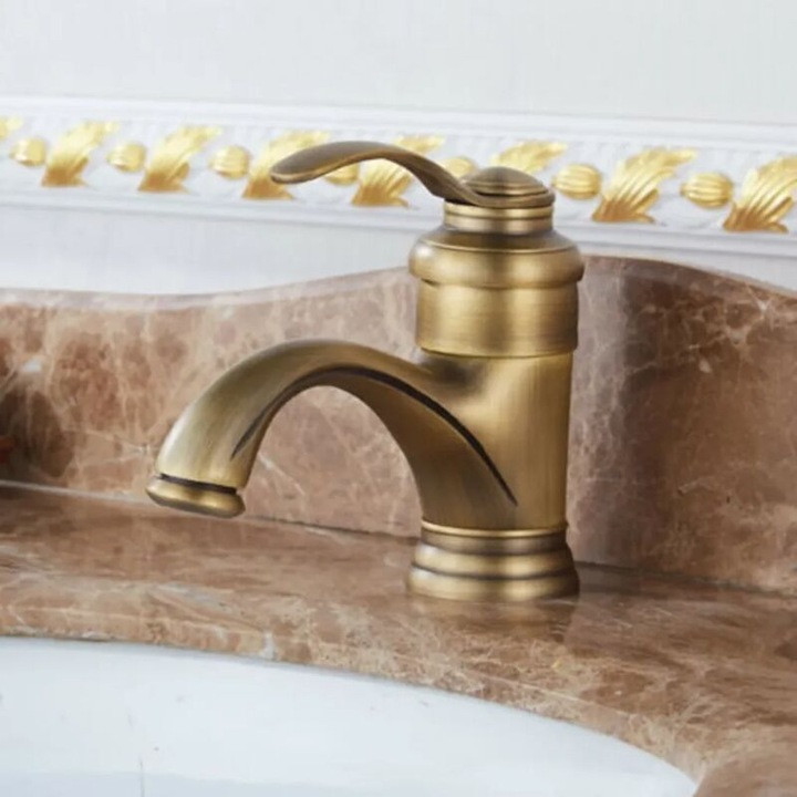 Mosdó csaptelep, antik design, egyszerű kifolyó, bronz szín