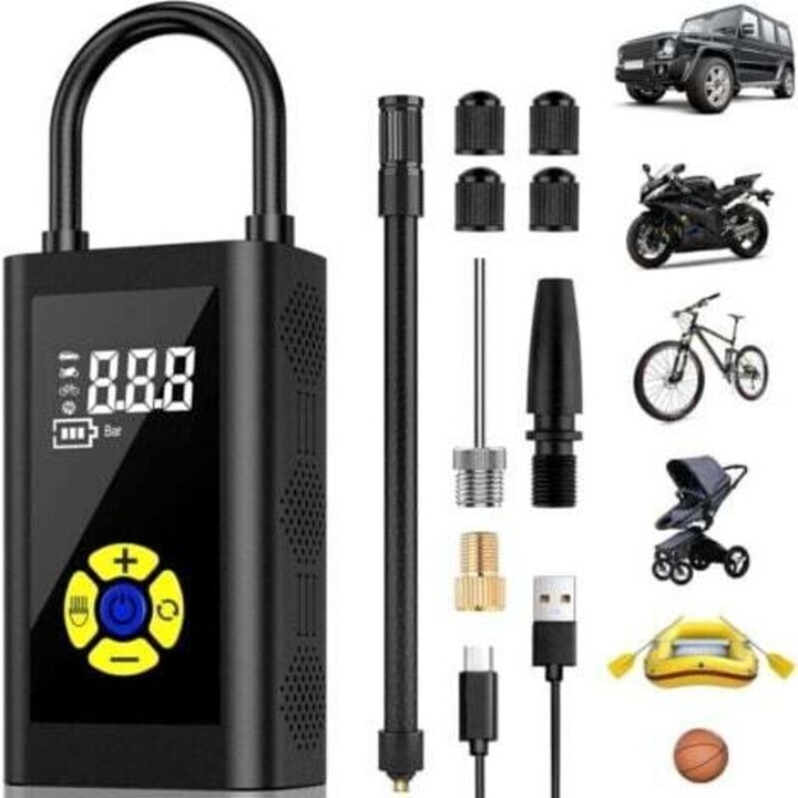 Compresor aer portabil, pompa bicicleta, mini compresor auto, digital, LED, 125x70x45mm