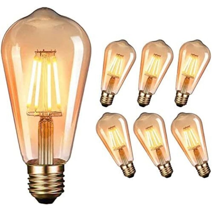 Комплект от 6 LED Ретро крушки Edison E27 4W Топло Бяло 110x60mm Амбър