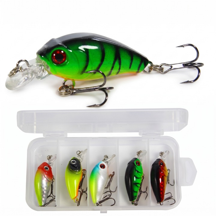 Комплект примамки за риболов Premium тип Crankbait Eclatiana®, 5 броя, реалистични твърди плуващи примамки с 3D очи и дрънкащи топчета, за костур, пъстърва и риболов в солена вода