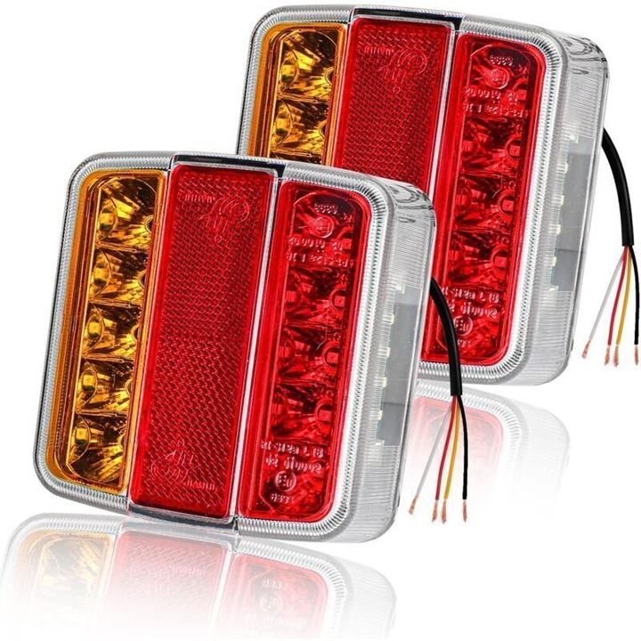 2 db LED utánfutó hátsó lámpa szett 12V, piros-sárga-fehér, 10.5x10.5x3cm, víz- és ütésálló