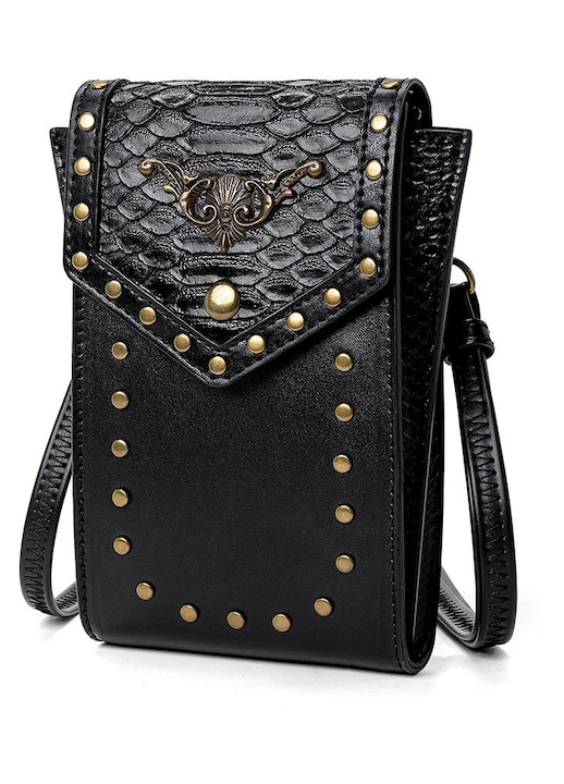 Geanta crossbody piele imprimata sarpe punk, negru, 18x12cm
