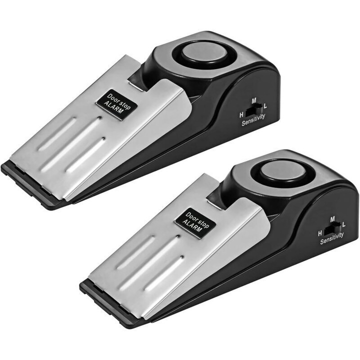 Set 2 opritoare usa cu alarma, 3 niveluri sensibilitate, cauciuc antiderapant, 14x4.5x4cm