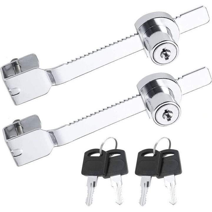 Set 2 broaste glisante cu cheie, blocare vitrina sticla, zinc, 141x11x15mm