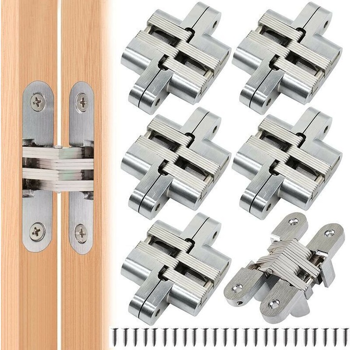 Set 6 bucati, Balamale invizibile pentru usi si mobilier, din otel laminat la rece, nichelate, rezistente la rugina si coroziune, instalare usoara fara gaurire, Argintiu