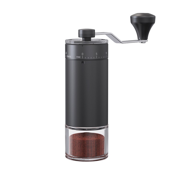 Rasnita manuala cafea EXTERGRIND aluminiu spatial, reglare externa 40 trepte, bavuri ceramice, corp metalic antiderapant, recipient sticla transparenta, pentru espresso, cafea la picurare, camping