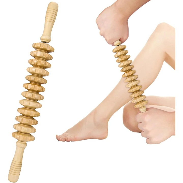 Role masaj lemn, 43cm, 12 role, natural, pentru corp
