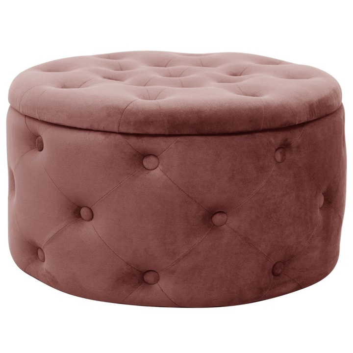 Kerek bársony puff tárolóval, steppelt részletekkel, 55x30 cm, elegáns design, púderrózsaszín