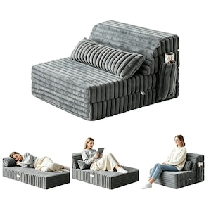Canapea extensibila, XICENRM®, 4-in-1 Canapea pliabila scaun convertibil pentru dormit, salteau cu perna, salteau gros din corduroi pentru podea, cu buzunar lateral, gri, 200x73x13cm