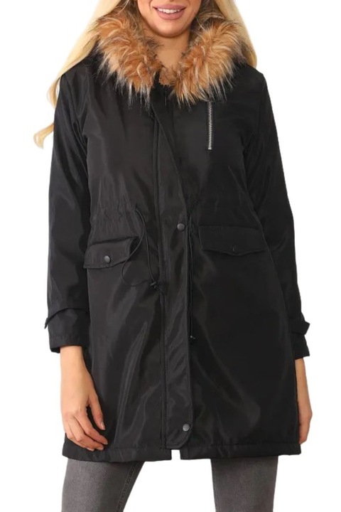 Geaca pentru dama Dewberry, neagra, 100% poliester, cu gluga si blana, pentru uz casnic, L INTL