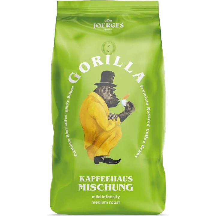 Cafea boabe Joerges Gorilla Kaffeehaus, 1 Kg, 70% Arabica, 30% Robusta, prajire medie, crema densa, gust usor, aciditate scazuta, pentru espresso/cappuccino/cafea crema