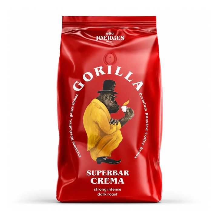 Cafea Boabe Premium Joerges Gorilla Superbar Crema, Arabica si Robusta, Aroma Intensa, Crema Bogata, pentru Espresso, Doppio, Cappuccino, Latte Macchiato si Flat White, 1 Kg