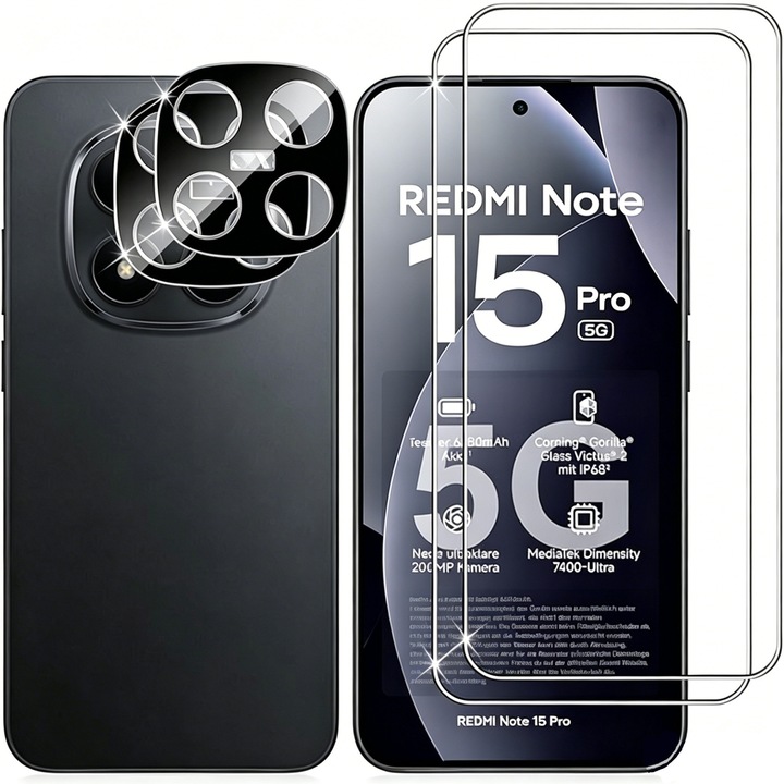 Set 2 folii sticla securizata ecran si 2 folii protectie camera compatibile cu Xiaomi Redmi Note 15 Pro 5G, transparent, 0.33mm, 9H