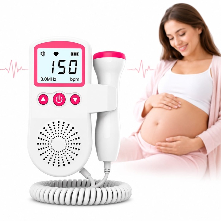 Doppler Fetal Infiniteea™, Pentru Gravide/Sarcina, Monitor Batai Inima Bebelus, Ecran LCD, Sonda 3.0 MHz, Difuzor incorporat, Alb/Roz