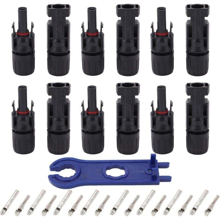 Set conectori solari fotovoltaici IP67, 12 piese, cu pini cupru cositorit, rezistenta la apa si praf, 2.5x4x6mm