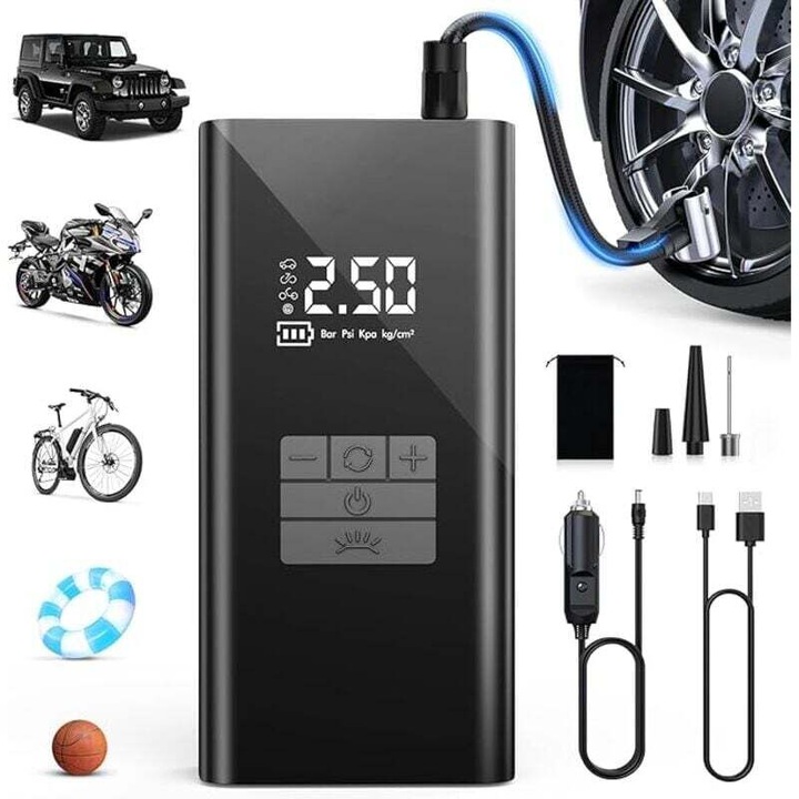 Compresor aer portabil 45L/min 6000mAh LED multifunctional multicolor