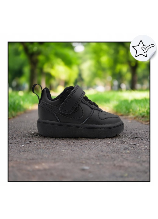 Pantofi Sport Copii, Nike, Court Borough Low 2 TDV, Negru, Din Piele Naturala Si Sintetica, Interior Textil Pentru Confort Sporit, Sireturi Elastice Si Velcro Pentru O Talpa Din, Negru