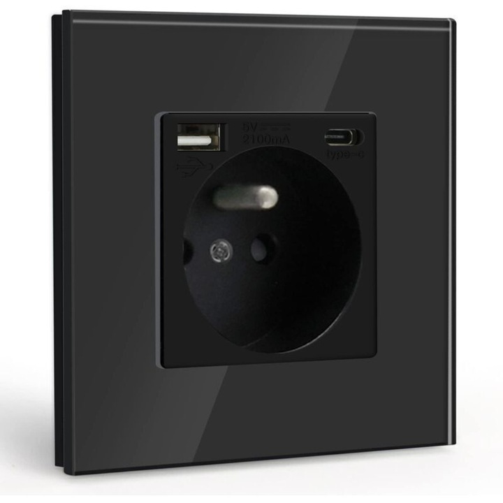 Priza de perete cu USB si Type-C, negru, 86x86mm, incarcare rapida 5V 2.1A