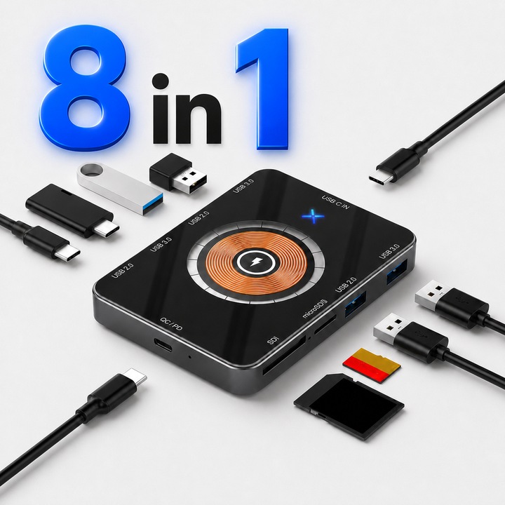 Hub USB 3.0 Multiport 8-in-1 XEEA™, Incarcator Wireless Magnetic 15W, USB-C PD/QC, Cititor Carduri SD/TF, Carcasa Aluminiu Premium, 1x Adaptor USB-C la USB-A, Saculet Depozitare, Laveta Microfibra, Cheita SIM