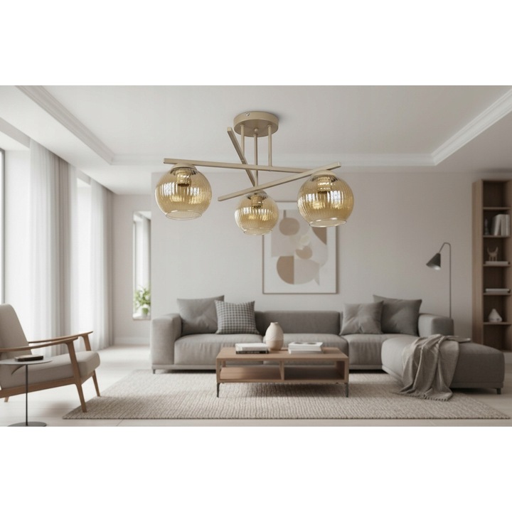 Euro-Lamp Plafoniera NEXUS 3 Casmir 3xE27 Ø51 cm cu Abajururi din Sticla Striata Amber, Lampa Moderna de Tavan – Producator Polonez