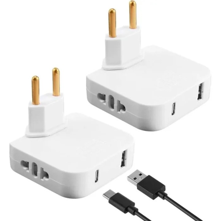 Плосък разклонител 4 в 1, 2 контакта 220V, USB, Type-C, черен, 6.5x6.2x2см, комплект 2 броя