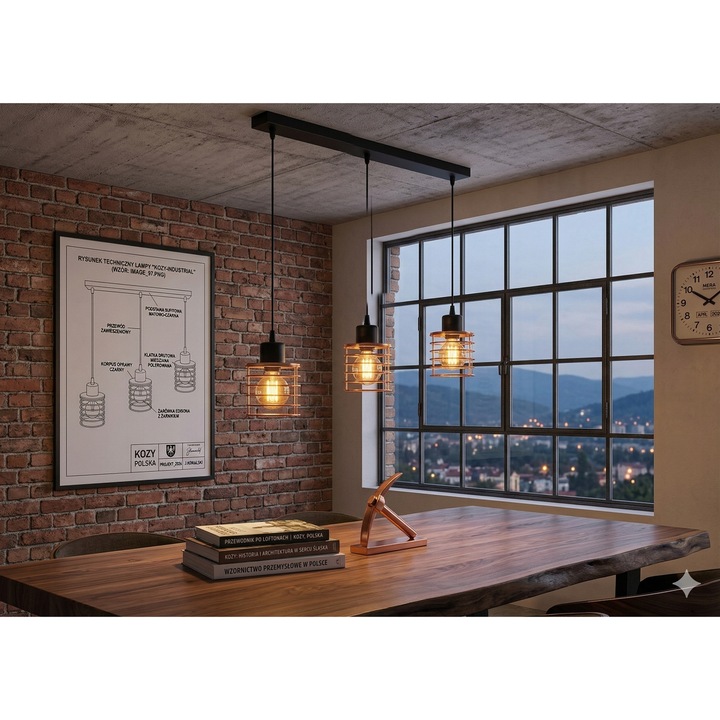 Lustra suspendata ROKO 3 neagra cu detalii cupru, 3x E27, 60 cm, Pendul loft industrial, Euro-Lamp