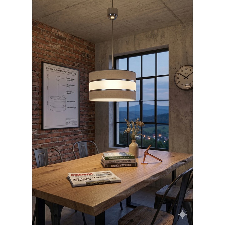 Lustra suspendata moderna gri mat cu abajur textil, 35 cm, E27, Pendul living / dormitor, Euro-Lamp