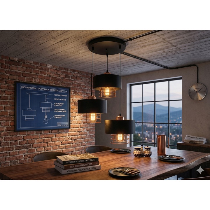 Lustra suspendata KARO 3K neagra cu detalii cupru, 3x E27, 40 cm, Pendul loft industrial, Euro-Lamp