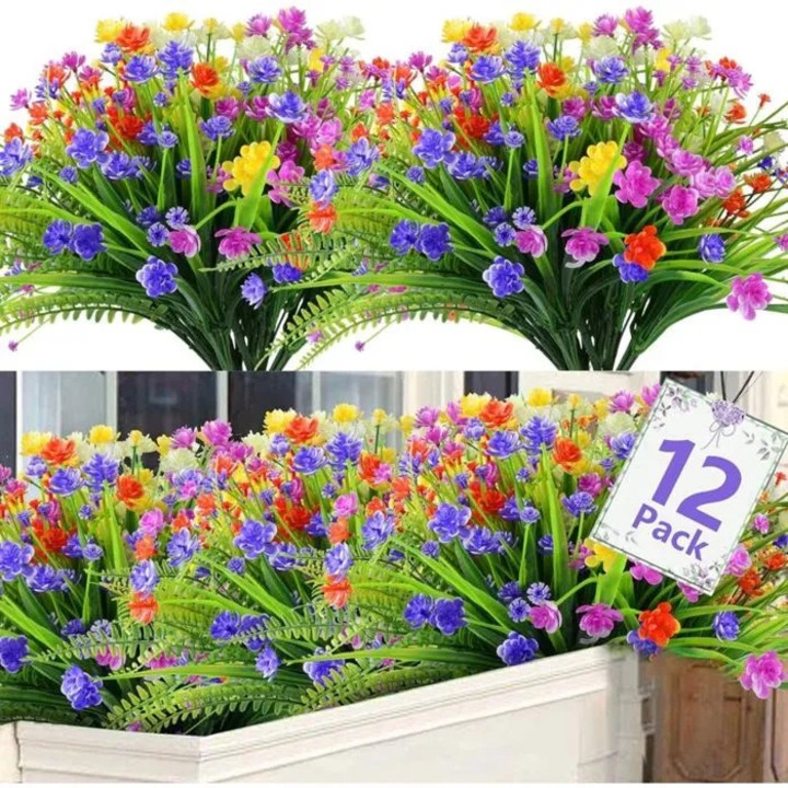 Set 12 flori artificiale rezistente UV multicolor pentru gradina interior exterior