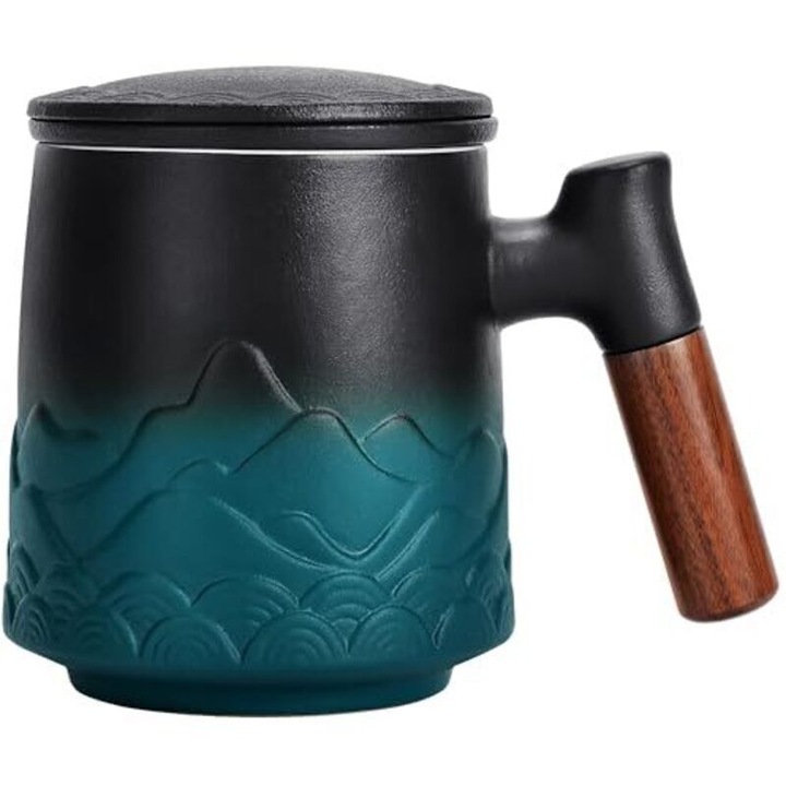 Kerámia bögre szűrővel és fedővel, fa fogantyú, zöld, 350ml