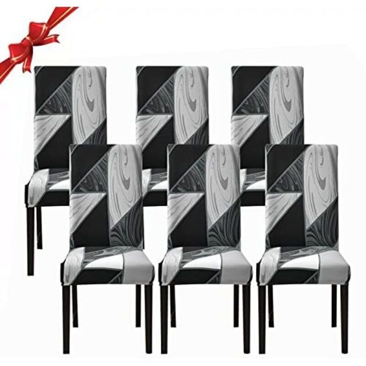 Set 6 huse scaune, material elastic, negru geometric, universal 17.7x23.6x19.7cm