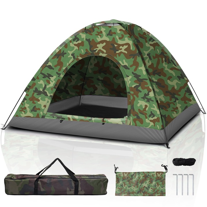 Cort de camping camuflaj (2-3 persoane), Bedee, Cort de plaja portabil cu copertina solara; impermeabil si potrivit pentru activitati in aer liber precum camping, drumetii si alpinism. Include geanta de depozitare, tarusi de sol si franghii de ancorare