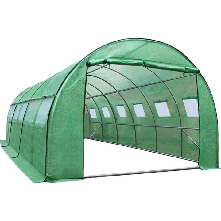 Sera kerti alagút típusú 400x800x200 cm, PE fólia 140g/m2 UV4, 6 szegmens, 12 ablak, cipzáras ajtó, 32 m2, zöld