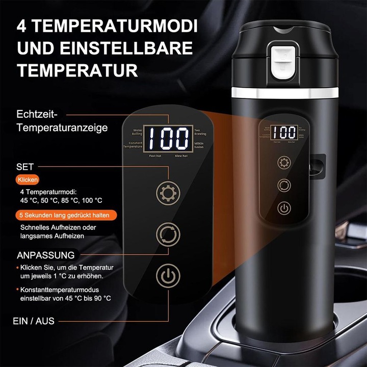 Autós vízforraló 12V 24V 500ml intelligens hőmérséklet-szabályozás fekete