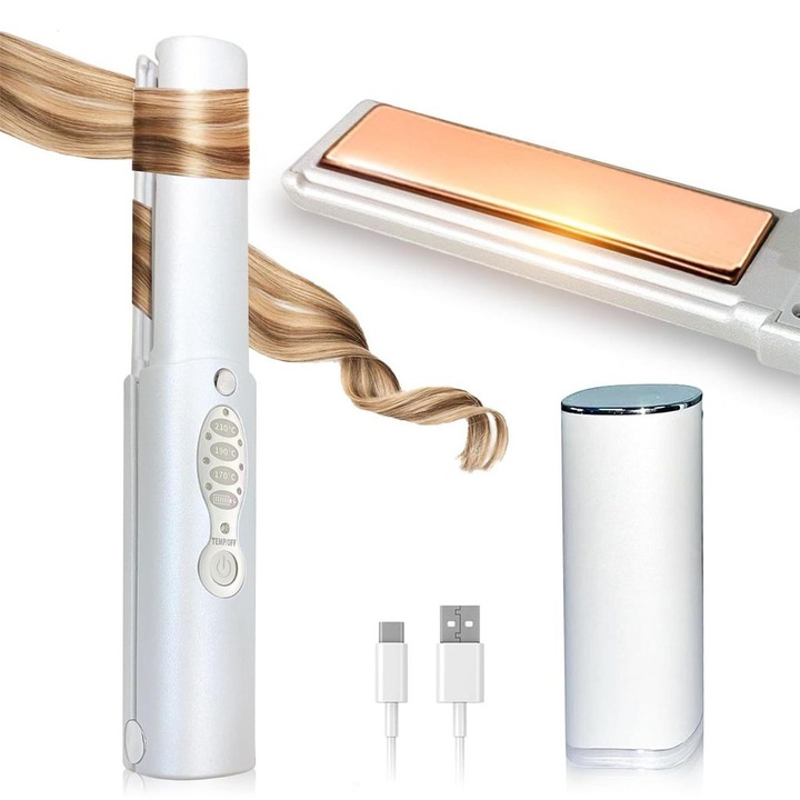Placa de indreptat si ondulat par 2in1, alb, 170-210C, fara fir, 5000mAh