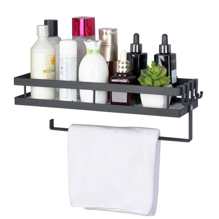 Raft de perete pentru bucatarie, negru, 35x12x5.7cm, capacitate mare, fara gaurire