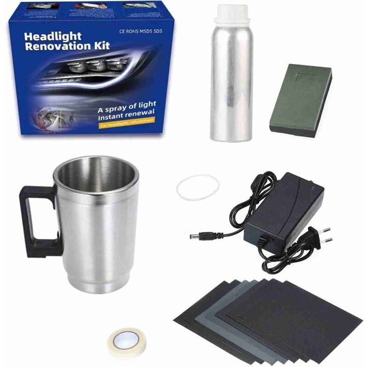 Kit restaurare faruri auto 100ml, set cu smirghel, spray, adaptor, multicolor, 32x23x10cm