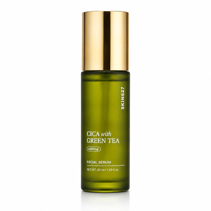 Ser facial coreean SKIN627 cu CICA si Green Tea, 50 ml, calmare si hidratare pentru ten sensibil, iritat si acneic, cu Centella Asiatica si Ceai Verde